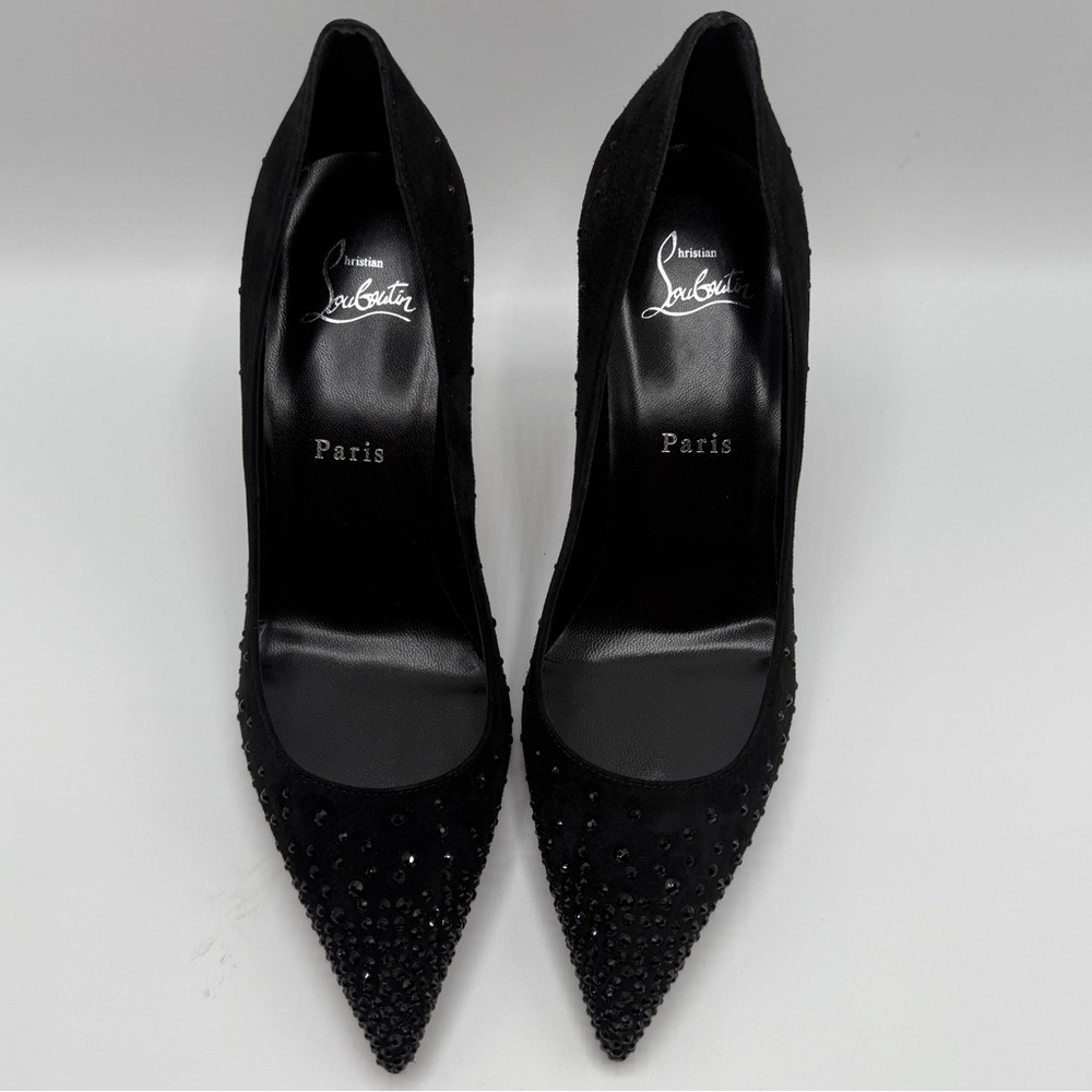 NEW Christian Louboutin Degrakate 85 Black Velvet Velour Rhinestone Crystal Heel